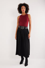 JUPE PLISSEE MODE FENTE COTE DOUBLE CEINTURE PLISSBELT REGLISSE